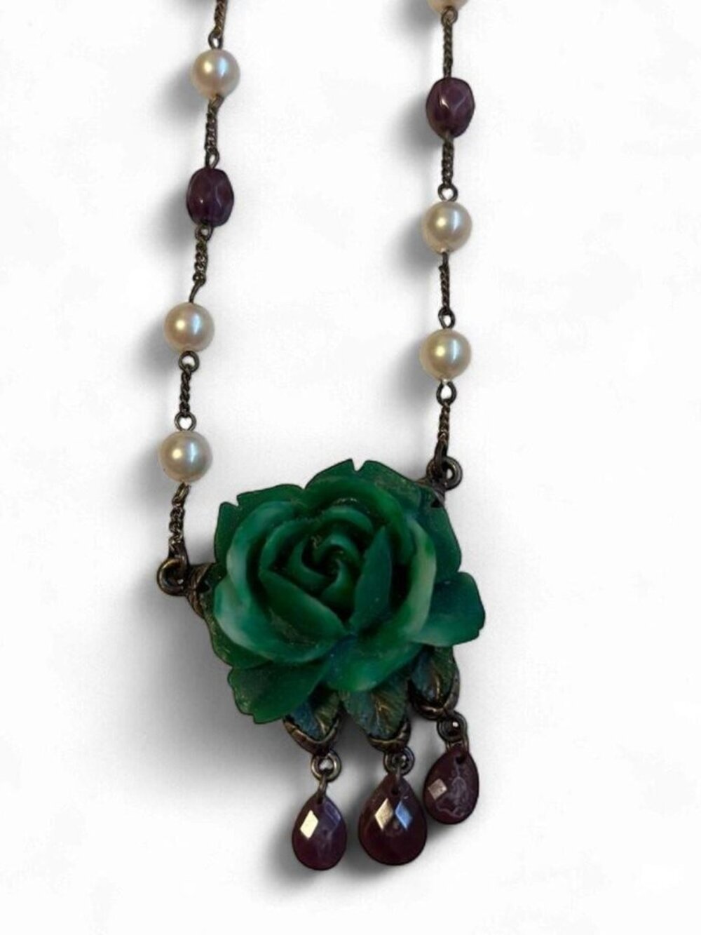 Vintage Signed Monet Carved Green Resin Rose Flower Pendant Necklace
